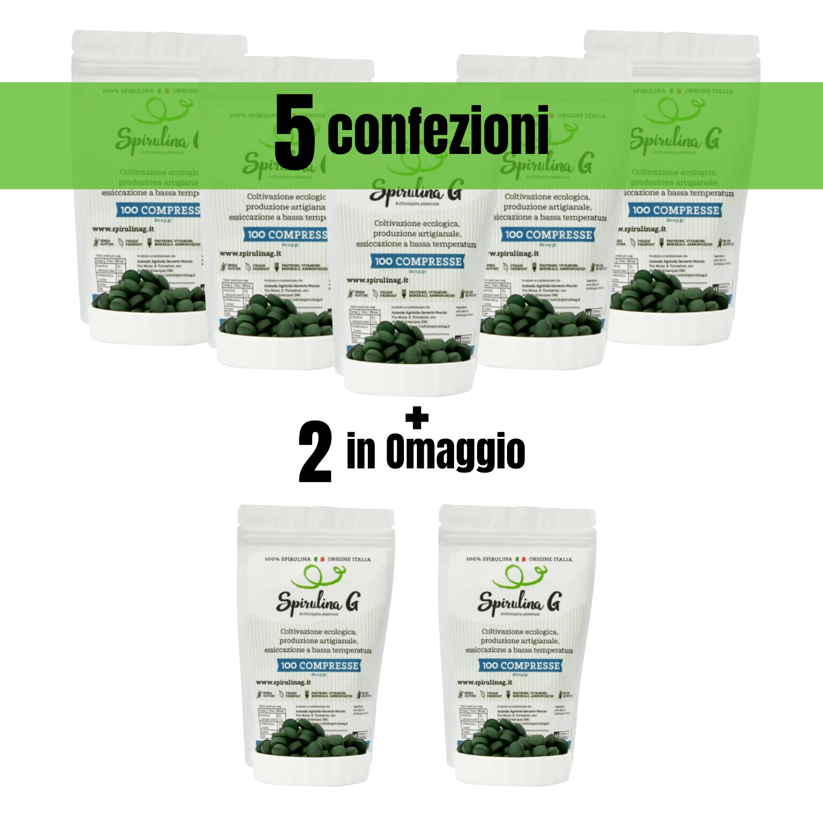OFFERTA SPECIALE: 5 confezioni di SpirulinaG da 100 compresse + 2 confezioni in OMAGGIO | Spirulina ITALIANA PURA 100%