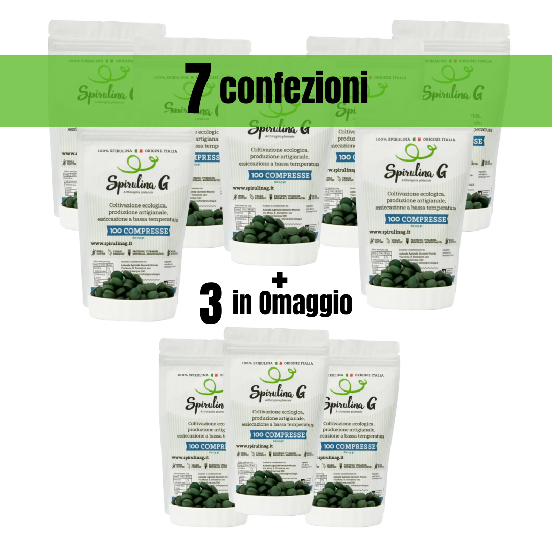OFFERTA SPECIALE: 7 confezioni di SpirulinaG da 100 compresse + 3 confezioni in OMAGGIO | Spirulina ITALIANA PURA 100%